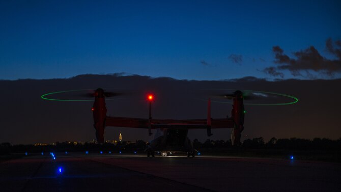 A CV-22 from the 352nd Special Operations Wing lands at Air Base 6 Montijo, Portugal, during a multi-national training exercise with Portuguese, Finnish, Polish, and U.S. commandos, Oct. 27, 2015. U.S. Special Operations Command Europe augmented nearly 60 personnel from 17 NATO and European partner nations participated in Exercise Trident Juncture 2015. The exercise will certify SOCEUR as theSpecial Operations Component Command for the NATO Response Force 2016. (U.S. Air Force photo by 1st Lt. Chris Sullivan/Released)