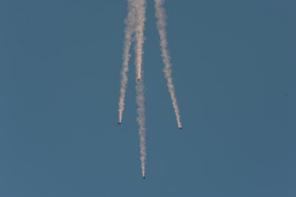 Members of the U.S. Army Golden Knights perform at the 2015 Joint Base San Antonio Air Show and Open House Oct. 31, 2015 at JBSA-Randolph. The United States Army Parachute Team, nicknamed and commonly known as the Golden Knights, is a demonstration and competition parachute team of the United States Army.The demonstration teams, which use five dedicated aircraft, perform at more than 100 events per year. (U.S. Air Force photo by Joel Martinez/Released)