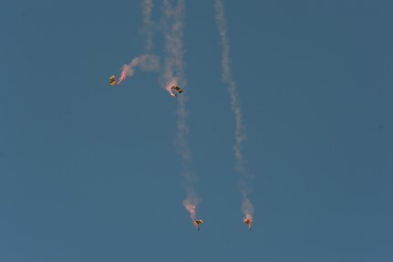 Members of the U.S. Army Golden Knights perform at the 2015 Joint Base San Antonio Air Show and Open House Oct. 31, 2015 at JBSA-Randolph. The United States Army Parachute Team, nicknamed and commonly known as the Golden Knights, is a demonstration and competition parachute team of the United States Army.The demonstration teams, which use five dedicated aircraft, perform at more than 100 events per year. (U.S. Air Force photo by Joel Martinez/Released)