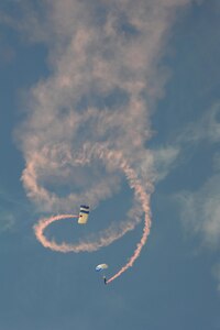 Members of the U.S. Air Force Wings of Blue perform during the 2015 Air Show and Open House at Joint Base San Antonio-Randolph Oct. 31, 2015. The Wings of Blue has both a demonstration team and a competition team. The demonstration team travels across the country to airshows, sporting events, and other venues to represent the Air Force in precision parachuting.  (U.S. Air Force photo by Melissa Peterson/released)
