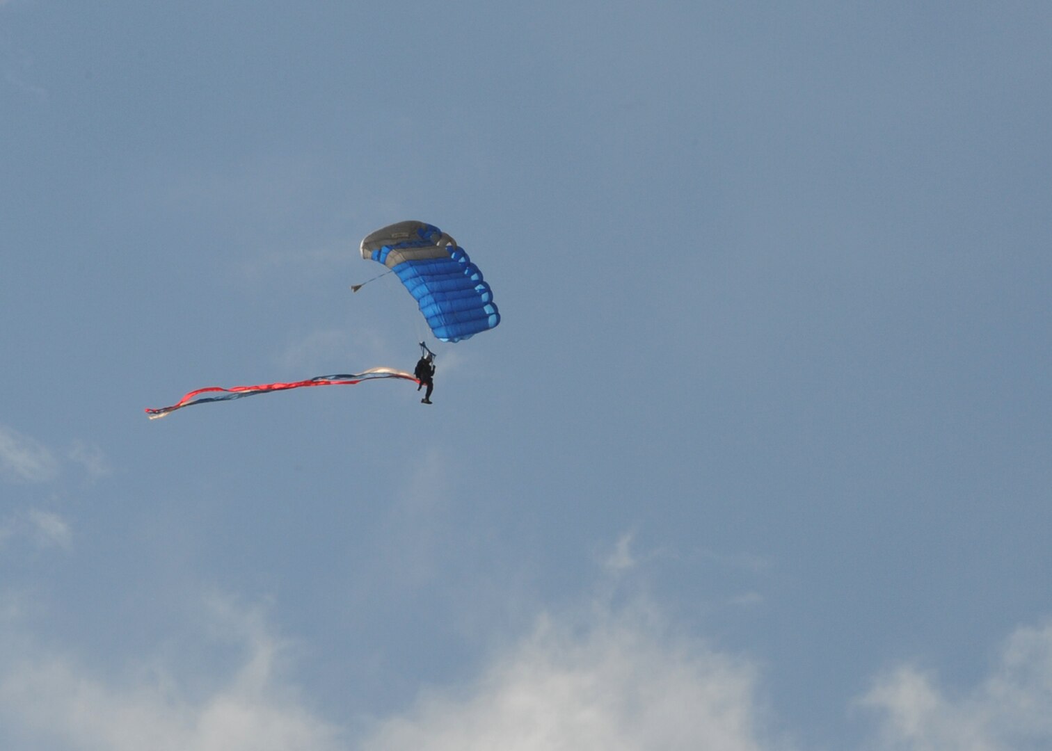 A member of the U.S. Air Force Wings of Blue parachute team performs during the 2015 Air Show and Open House at Joint Base San Antonio-Randolph Oct. 31, 2015. The Wings of Blue has both a demonstration team and a competition team. The demonstration team travels across the country to airshows, sporting events, and other venues to represent the Air Force in precision parachuting.  (U.S. Air Force photo by Melissa Peterson/released)
