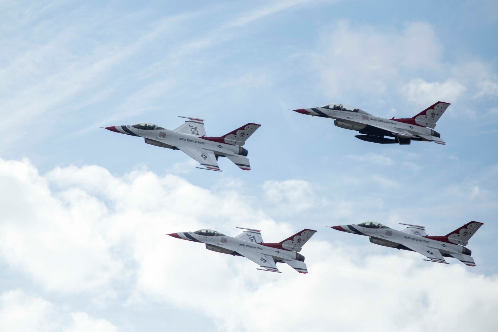 JBSA-Randolph - The U.S. Air Force Aerial Demonstration Squadron “Thunderbirds” performs F-16 acrobatic maneuvers Oct. 31, 2015 at Joint Base San Antonio-Randolph, Texas. The Thunderbirds team members perform for the 2015 JBSA-Randolph Air Show and Open House to be held Oct. 31 and Nov. 1. Air shows allow the Air Force to display the capabilities of our aircraft to the American taxpayer through aerial demonstrations and static displays and allowing attendees to get up close and personal to see some of the equipment and aircraft used by the U.S. military today. (U.S. Air Force photo by Joshua Rodriguez) 