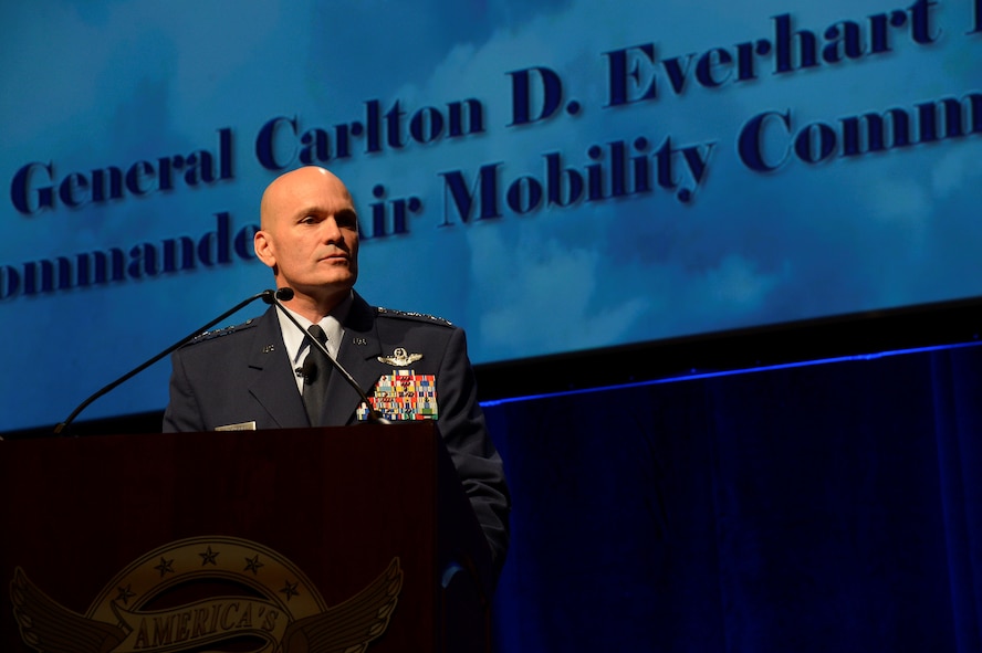 Gen. Carlton D. Everhart, Air Mobility Command commander, gives the closing address during the 47th Annual Airlift Tanker Association Convention and Technology Exposition and A/TA and AMC Symposium in Orlando, Fla., Oct. 31, 2015. The symposium served as a key professional development forum for Mobility Air Forces Airmen by enabling direct access to senior mobility leaders and fostering an environment encouraging open dialogue and honest discussions. (U.S. Air Force photo by Staff Sgt. Shandresha Mitchell/Released)