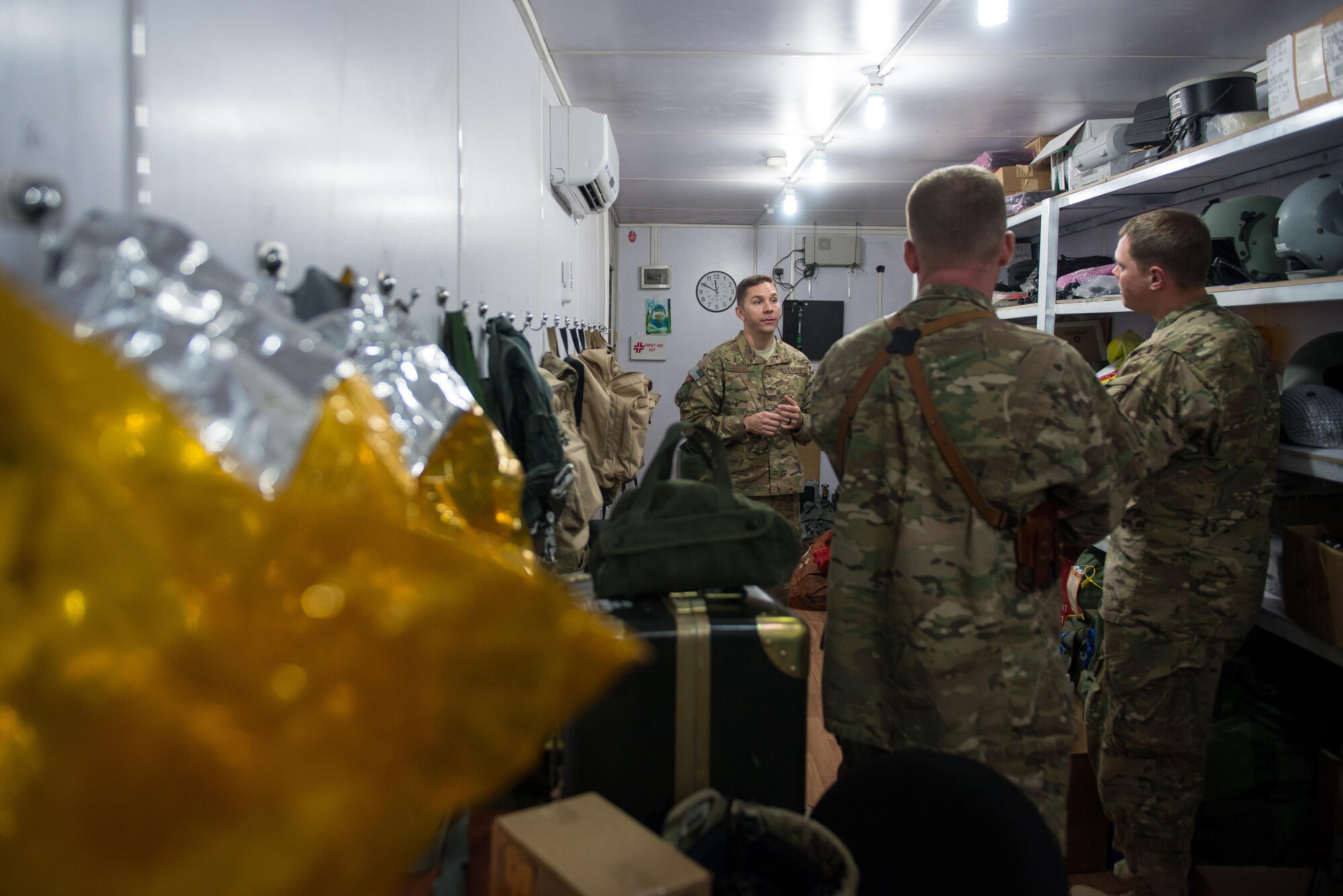 U.S. Air Force Master Sgt. Michael Doane, Train, Advice, Assist Command-Air flight equipment advisor and operations team superintendent, explains the TAAC-Air mission to Airmen assigned to the 455th Air Expeditionary Wing at Forward Operating Base Oqab, Afghanistan, Aug. 28, 2015. TAAC-Air trains, advises, and assists their Afghan partners in order to develop a professional, capable, and sustainable Afghan Air Force. (U.S. Air Force photo by Tech. Sgt. Joseph Swafford/Released)
