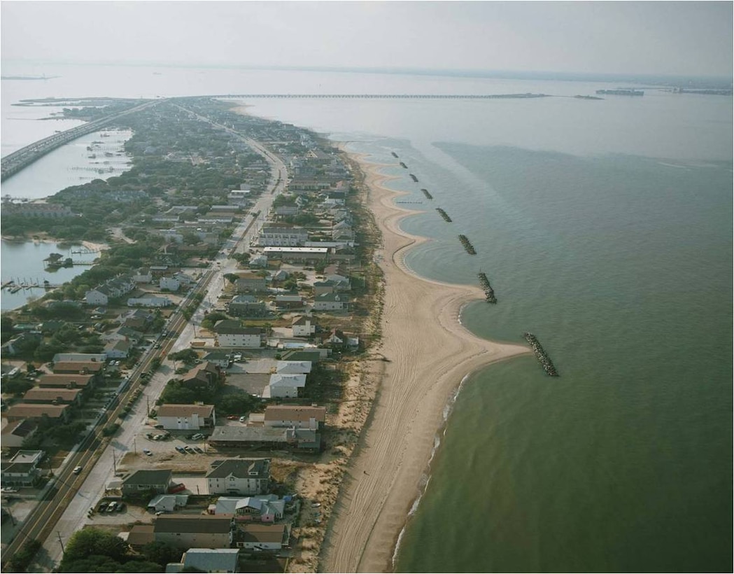 Aerial view of Willoughby Bay Spit and East Ocean View areas, Norfolk, Virginia.