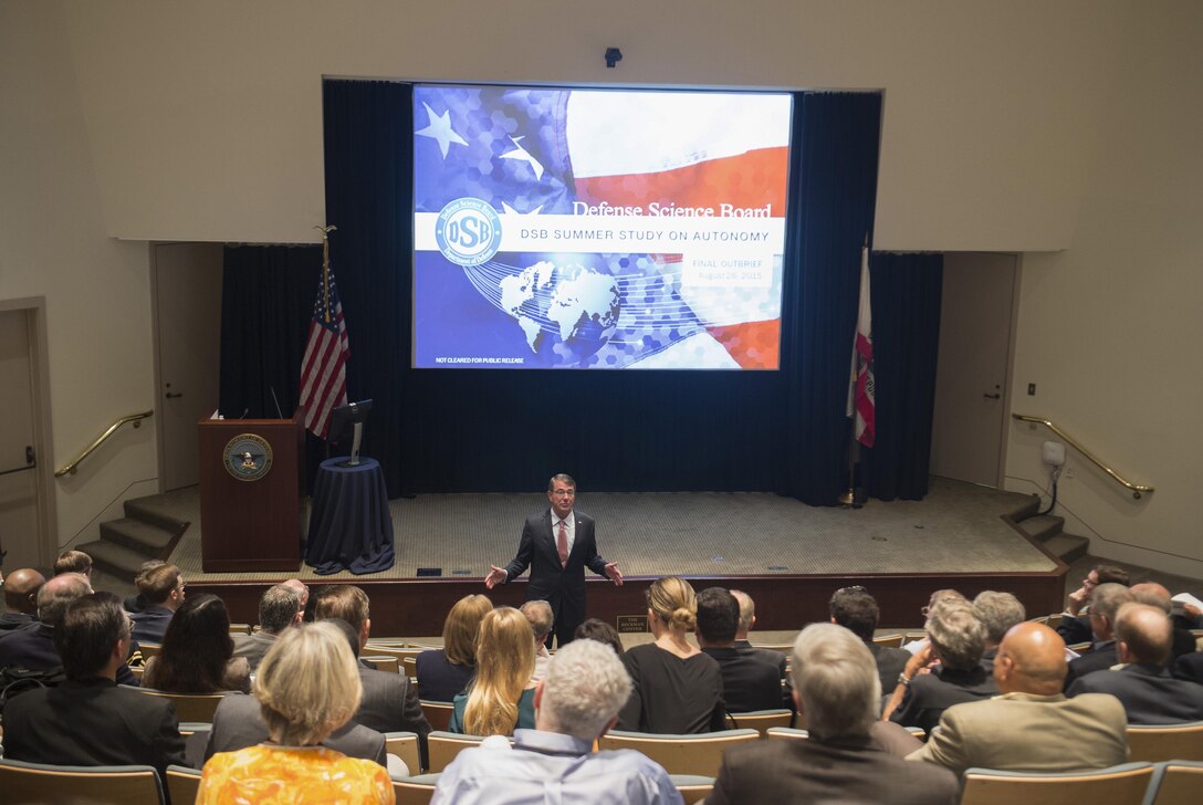 Defense Secretary Ash Carter speaks at the Defense Science Board at the Beckman Center of the National Academies of Science and Engineering in Irvine, Calif., Aug. 28, 2015, as part of a three-day trip to Illinois, Nevada and California. DoD photo by U.S. Air Force Master Sgt. Adrian Cadiz