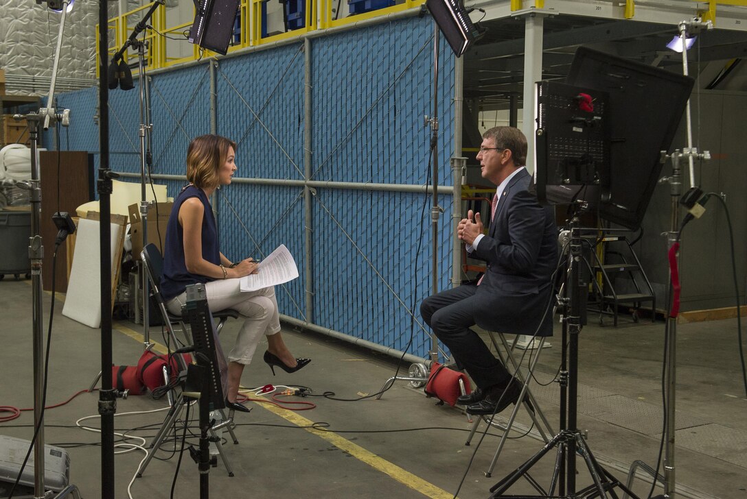 Defense Secretary Ash Carter talks with Emily Chang from Bloomberg West in an interview during a visit to Moffett Field, Calif., Aug. 28, 2015. DoD photo by U.S. Air Force Master Sgt. Adrian Cadiz
