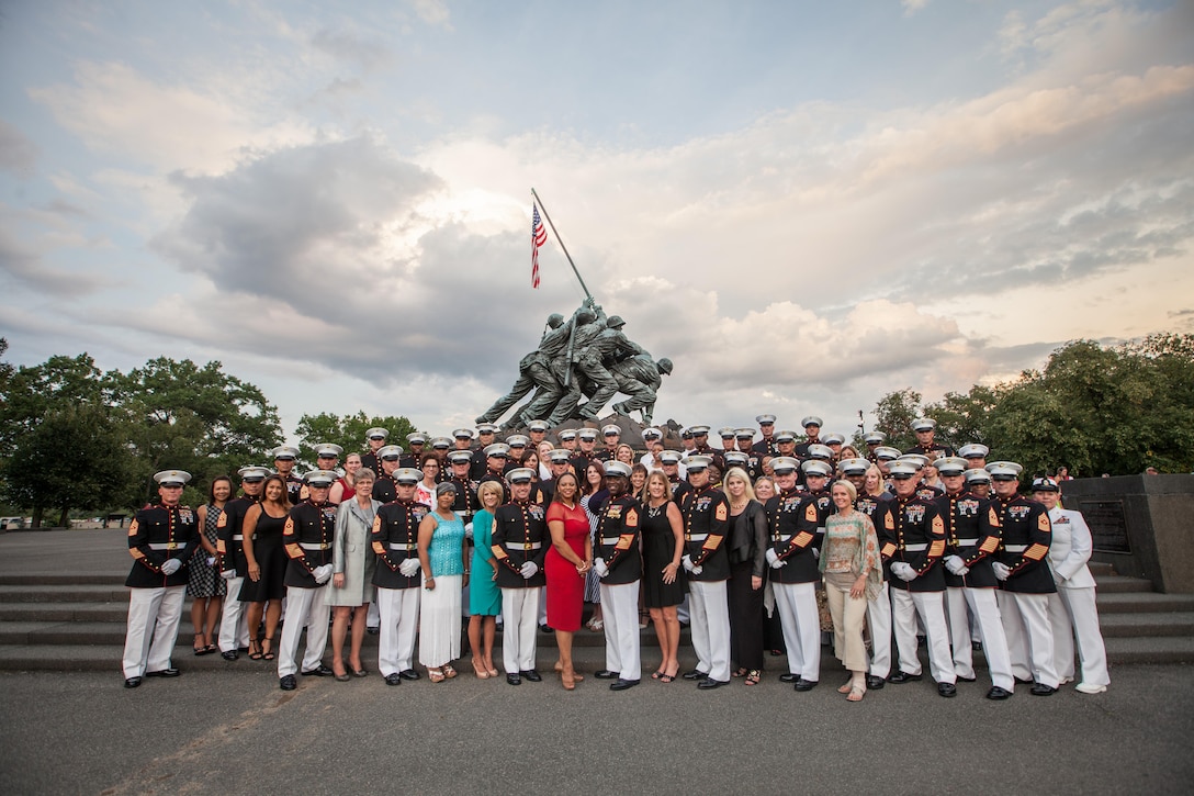 The 18th Sergeant Major of the Marine Corps, Ronald L. Green, hosts a sunset parade at the Marine Corps War Memorial, Arlington, Va., August 11, 2015. The Honorable Mrs. Holly Petraeus, Assistant Director, Service Member Affairs at the Consumer Financial Protection Bureau, was the guest of honor at the parade. (U.S. Marine Corps photo by Sgt. Melissa Marnell, Office of the Sergeant Major of the Marine Corps/Released)