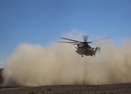 A CH-53E Super Stallion with Marine Heavy Helicopter Squadron 366 descends to a secured landing zone during a simulated casualty evacuation aboard Marine Corps Air Ground Combat Center Twentynine Palms, California, Aug. 10, 2015. The simulation gave Marines with Combat Logistics Battalion 1, Combat Logistics Regiment 1, 1st Marine Logistics Group an opportunity to prepare for casualty response during future operations.
