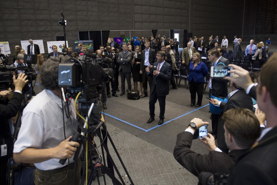 Defense Secretary Ash Carter speaks with reporters after delivering remarks at the National Full Scale Aerodynamics Complex in Moffett Field, Calif., Aug. 28, 2015. DoD photo by U.S. Air Force Master Sgt. Adrian Cadiz