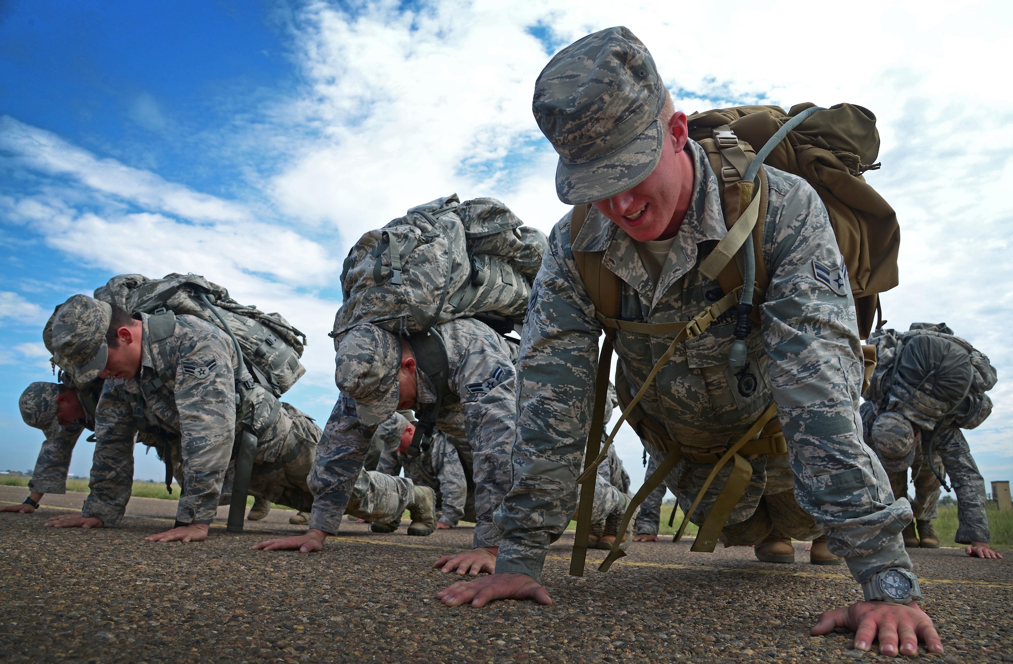 Members of the 27th Special Operations Security Forces Squadron are challenged by DAGRE team members during a grueling physical, mental and emotional assessment as part of pre-qualification for Deployed Aircraft Ground Response Element selection Aug. 17, 2015 at Cannon Air Force Base, N.M. The DAGRE training program at Cannon has recreated a very rigorous training environment to test and develop Air Commandos who have DAGRE team member aspirations. (U.S. Air Force photo/Staff Sgt. Alexx Mercer)