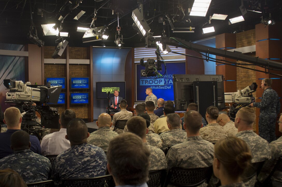 Defense Secretary Ash Carter hosts a Worldwide Troop Talk, the first of its kind, at Defense Media Activity on Fort Meade, Md., Sept. 1, 2015. Carter answered questions from service members around the world. 