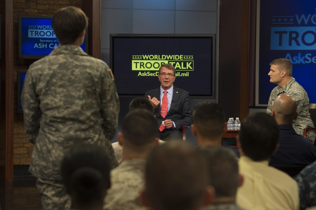 Defense Secretary Ash Carter answers a service member's question  during the first Worldwide Troop Talk at Defense Media Activity on Fort Meade, Md., Sept. 1, 2015. DoD photo by U.S. Air Force Senior Master Sgt. Adrian Cadiz