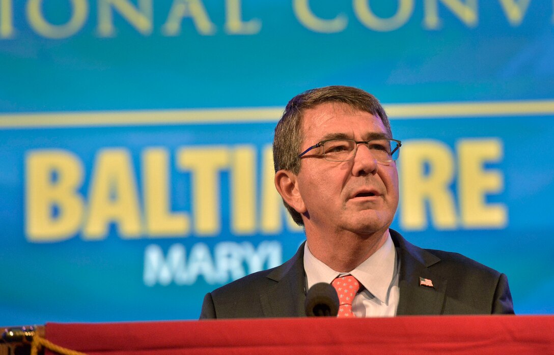 Defense Secretary Ash Carter delivers remarks to attendees of the American Legion Convention in Baltimore, Sept. 1, 2015. DoD photo by Glenn Fawcett