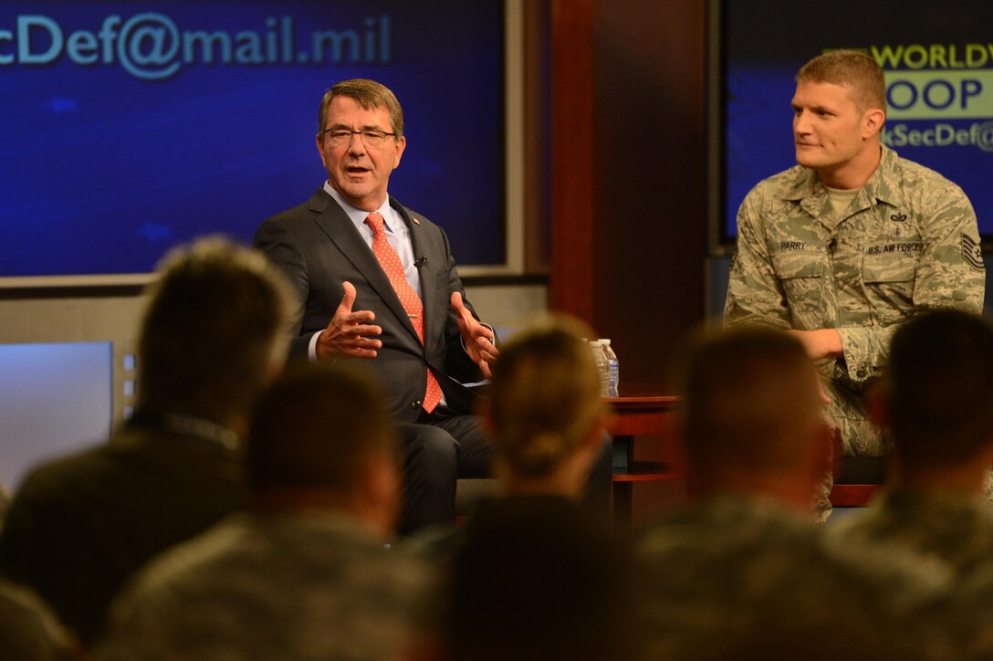 Defense Secretary Ash Carter answers troops' questions during the Worldwide Troop Talk at Defense Media Activity on Fort Meade, Md., Sept. 1, 2015. DoD photo by Marvin Lynchard