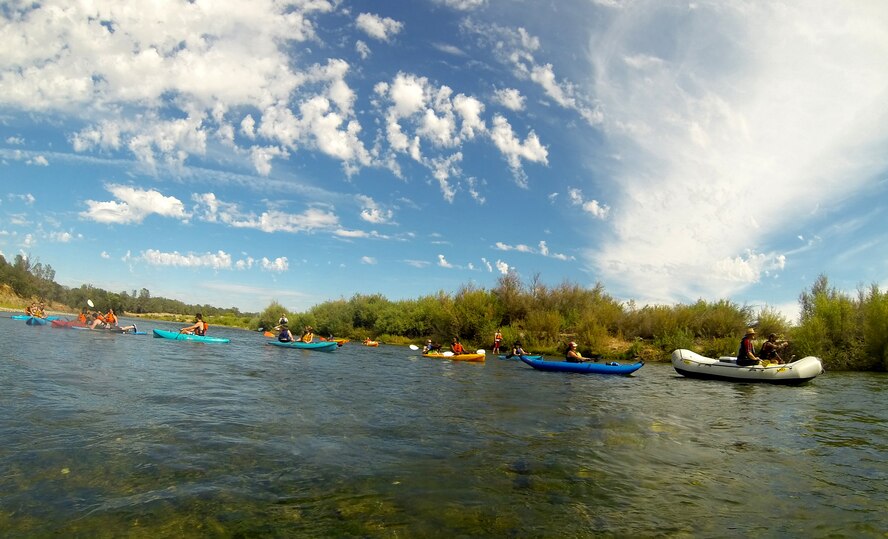 Airmen from the 13th Intelligence Squadron at Beale Air Force Base, California kayak down the Yuba River for a Comprehensive Airmen Fitness day, Aug. 26, 2015.  The Outdoor Adventure Center supported the event by providing equipment and transportation.(U.S. Air Force photo by Airman 1st Class Jessica B. Nelson)