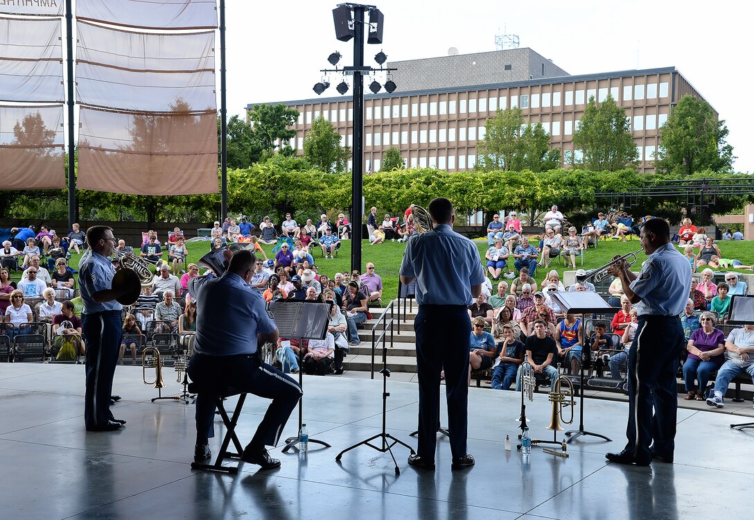 The United States Air Force Band of the Golden West's Travis Brass ensemble performs a free concert at the Ogden Amphitheater, Sunday, Aug. 30, 2015. The ensemble is comprised of two trumpets, a French horn, a trombone and a tuba. The group played a variety of music ranging from classical, jazz and patriotic genres. (U.S. Air Force photo by R. Nial Bradshaw/Released)