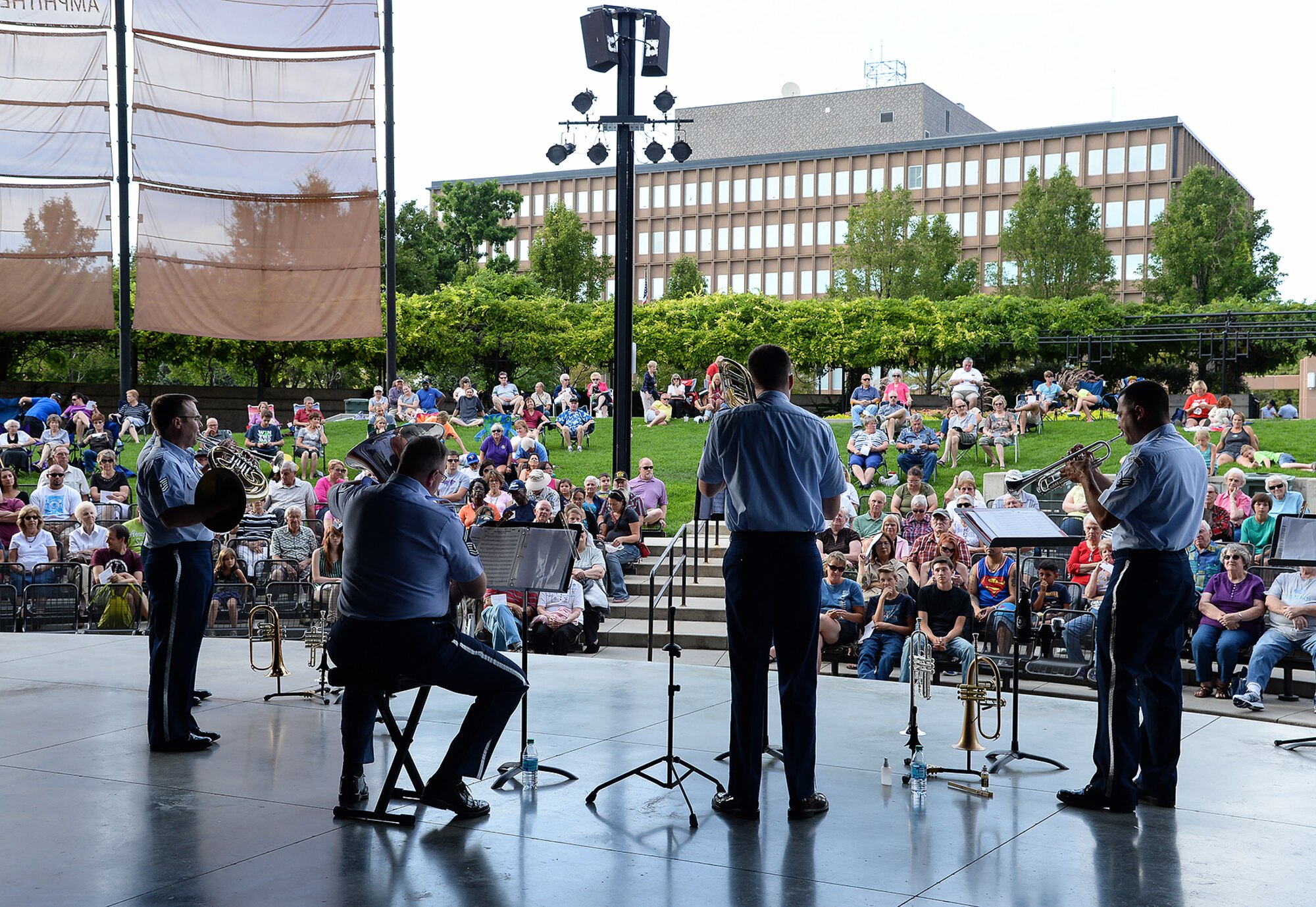 The United States Air Force Band of the Golden West's Travis Brass ensemble performs a free concert at the Ogden Amphitheater, Sunday, Aug. 30, 2015. The ensemble is comprised of two trumpets, a French horn, a trombone and a tuba. The group played a variety of music ranging from classical, jazz and patriotic genres. (U.S. Air Force photo by R. Nial Bradshaw/Released)