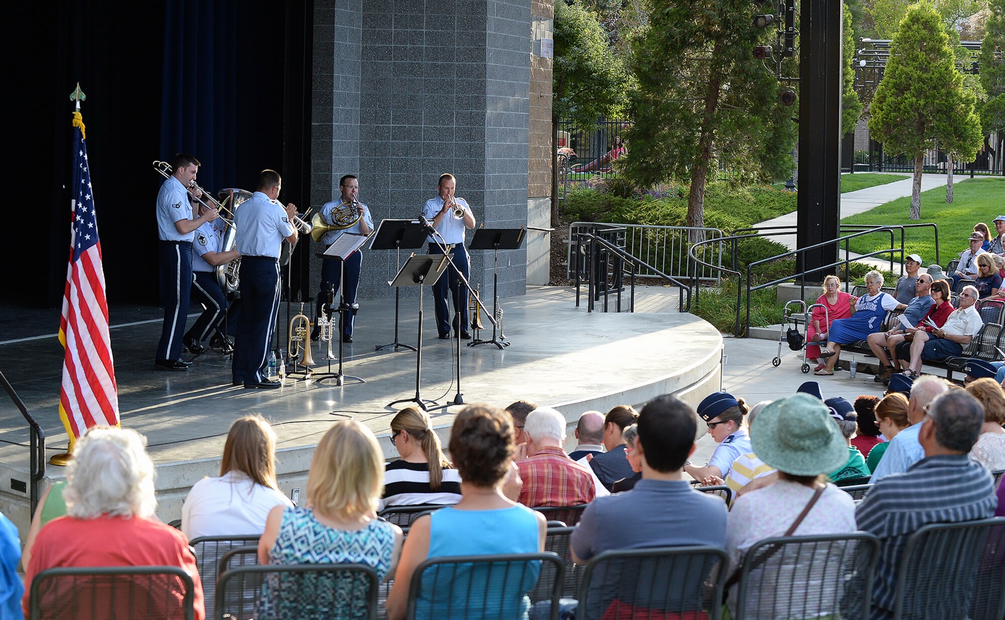 The United States Air Force Band of the Golden West's Travis Brass ensemble performs a free concert at the Ogden Amphitheater, Sunday, Aug. 30, 2015. The ensemble is comprised of two trumpets, a French horn, a trombone and a tuba. The group played a variety of music ranging from classical, jazz and patriotic genres.