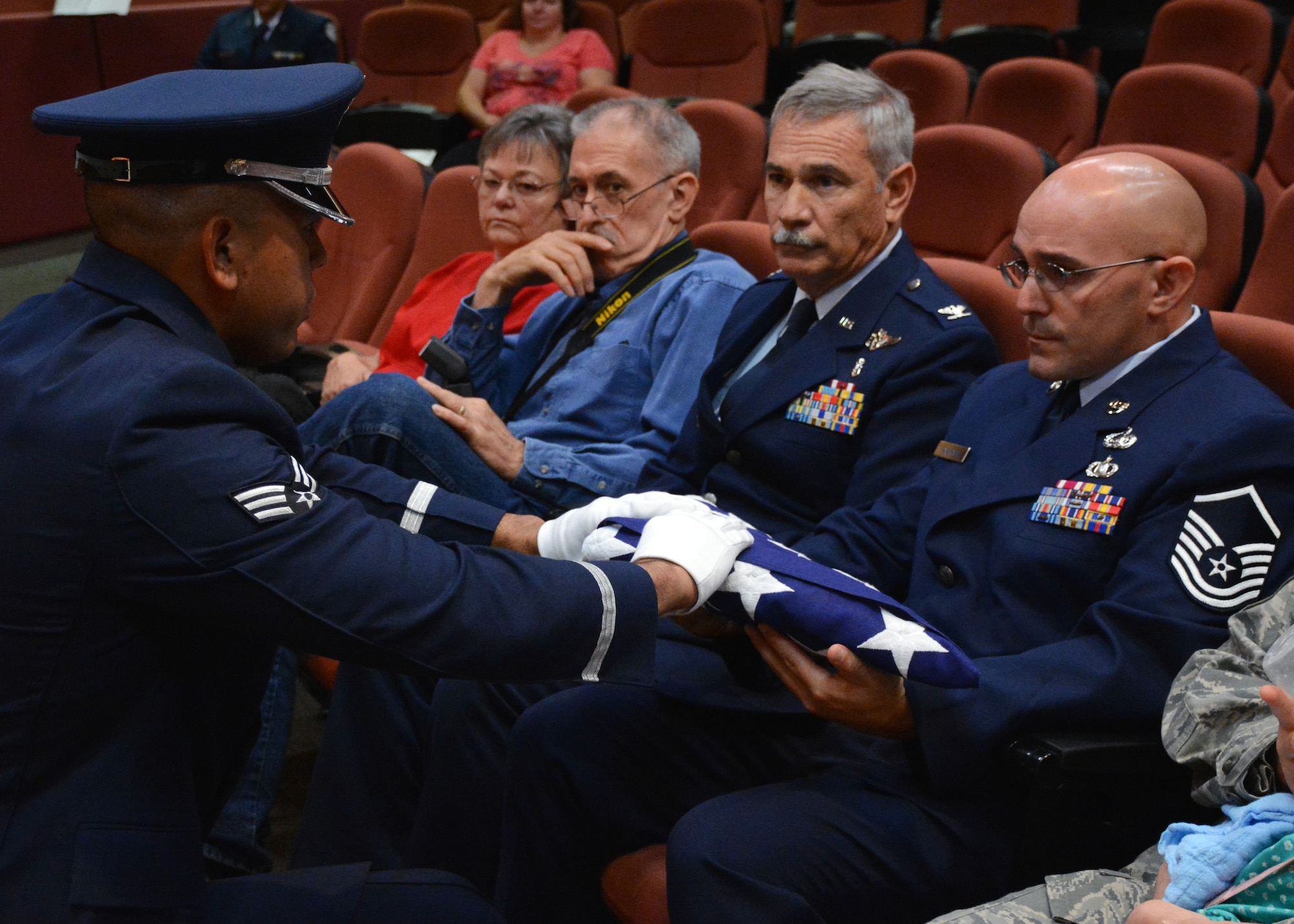 TRAVIS AIR FORCE BASE, Calif. -- Master Sgt. Michael D. Galbraith, 349th Medical Squadron, retires from Travis Air Force Base after more than 20 years of service Aug. 23, 2015. (U.S. Air Force photo/Senior Airman Madelyn Brown)