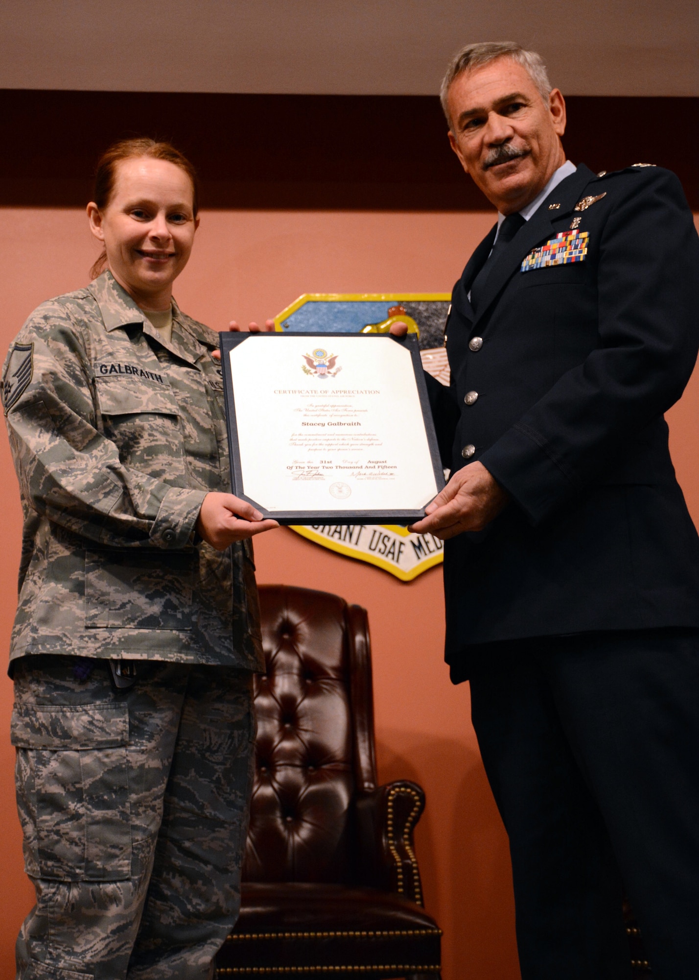 TRAVIS AIR FORCE BASE, Calif. -- Master Sgt. Michael D. Galbraith, 349th Medical Squadron, retires from Travis Air Force Base after more than 20 years of service Aug. 23, 2015. (U.S. Air Force photo/Senior Airman Madelyn Brown)