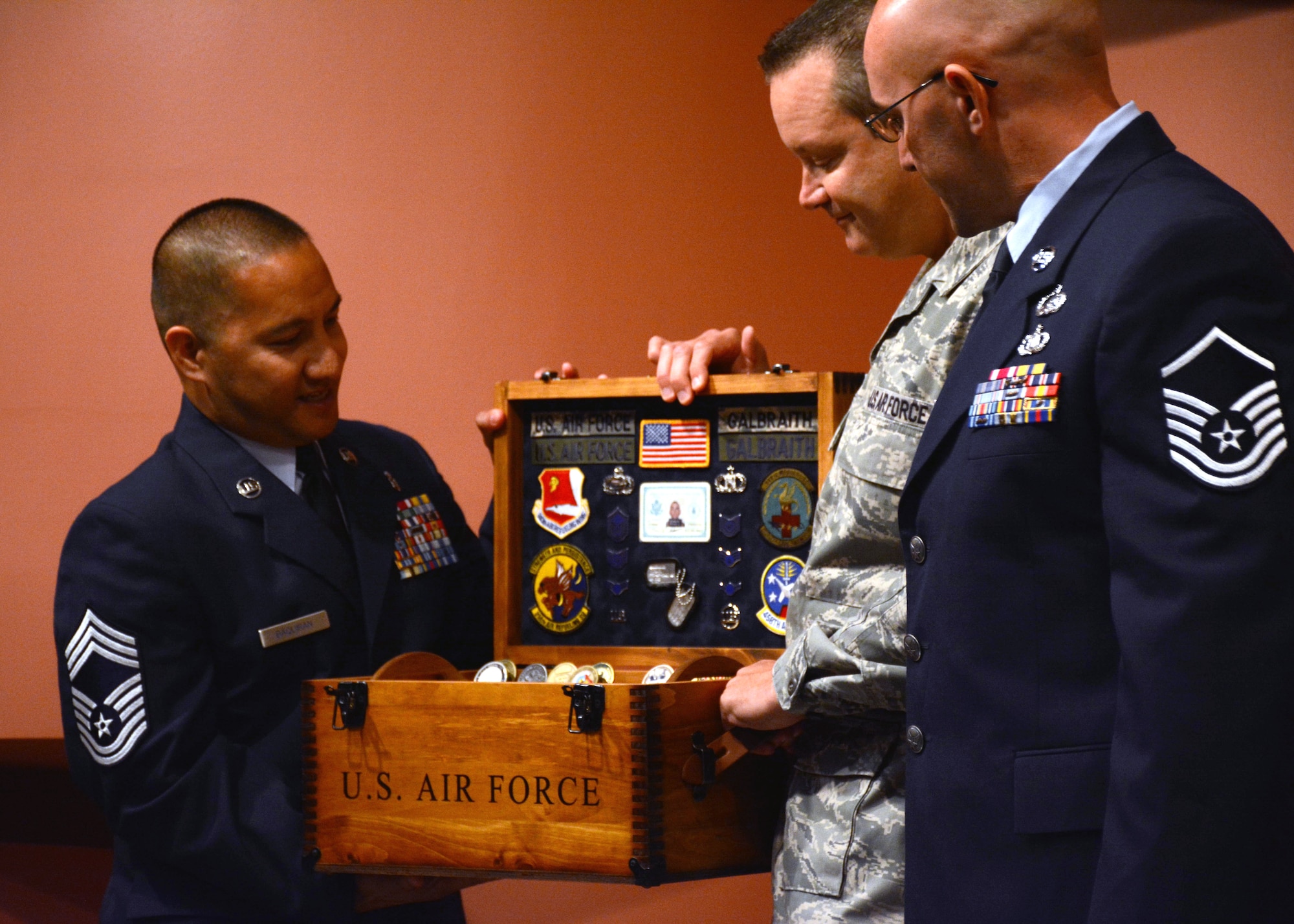 TRAVIS AIR FORCE BASE, Calif. -- Master Sgt. Michael D. Galbraith, 349th Medical Squadron, retires from Travis Air Force Base after more than 20 years of service Aug. 23, 2015. (U.S. Air Force photo/Senior Airman Madelyn Brown)