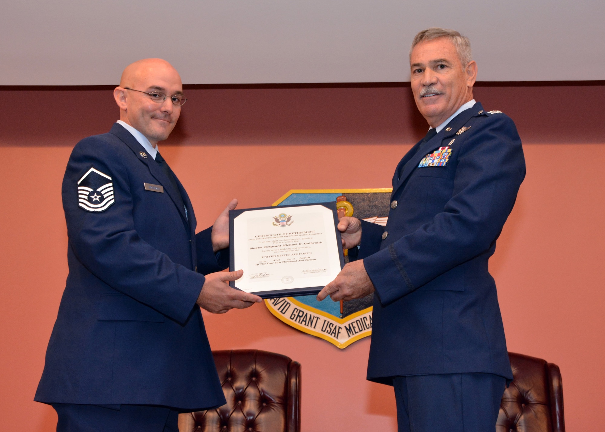 TRAVIS AIR FORCE BASE, Calif. -- Master Sgt. Michael D. Galbraith, 349th Medical Squadron, retires from Travis Air Force Base after more than 20 years of service Aug. 23, 2015. (U.S. Air Force photo/Senior Airman Madelyn Brown)