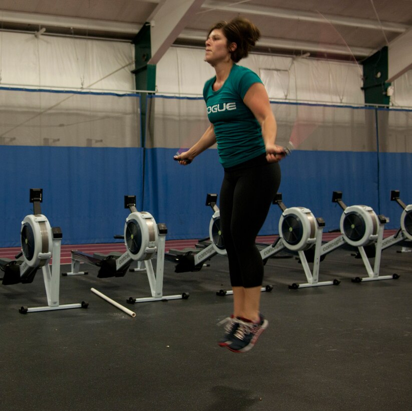 Kait Miller, dependent, jumps rope at the Joint Base Andrews West Fitness Center, Aug. 31, 2015. The West Fitness Center is being renovated with new equipment and energy-saving updates. (U.S. Air Force Photo/Airman 1st Class J.D. Maidens/released)
