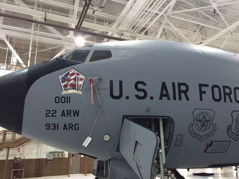 KC-135 Stratotanker serial number 58-0011 sits in a hangar at McConnell Air Force Base, Kan. The tanker recently underwent some major upgrades before its current deployment. (Courtesy photo) 