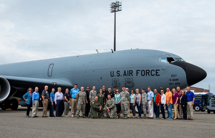 Members of Joint Base Charleston leadership and civic leaders from Macdill Air Force Base pose for a group photo together in front of a KC-135 Stratotanker, Aug. 27, 2015, at Joint Base Charleston, S.C. The Macdill Civic Leaders tour was an opportunity to show visiting Honorary Commanders and Advisory Council members the capabilities of JB Charleston. (U.S. Air Force photo/Senior Airman George Goslin) 
