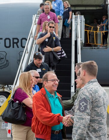 Members of leadership from Joint Base Charleston greet visiting civic leaders from Macdill Air Force Base, Aug. 27, 2015, at Joint Base Charleston, S.C. The civic leaders stayed for almost two days, and were presented with various opportunities to see the operational capabilities provided by JB Charleston. (U.S. Air Force photo/Senior Airman George Goslin) 