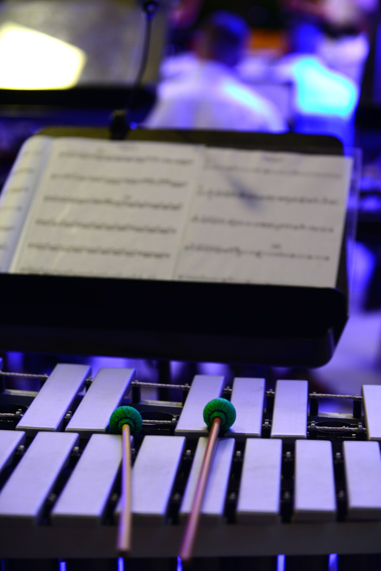 Mallets lie on top of bells during the U.S. Army Training and Doctrine Command Band Tchaikovsky’s 1812 Overture concert at Fort Eustis, Va., Aug. 28, 2015. Before the concert began, Lt. Gen. Kevin Magnum, TRADOC deputy commanding general addressed the crowd, thanking them for attending that night’s performance.  (U.S. Air Force photo by Senior Airman Kimberly Nagle/Released)