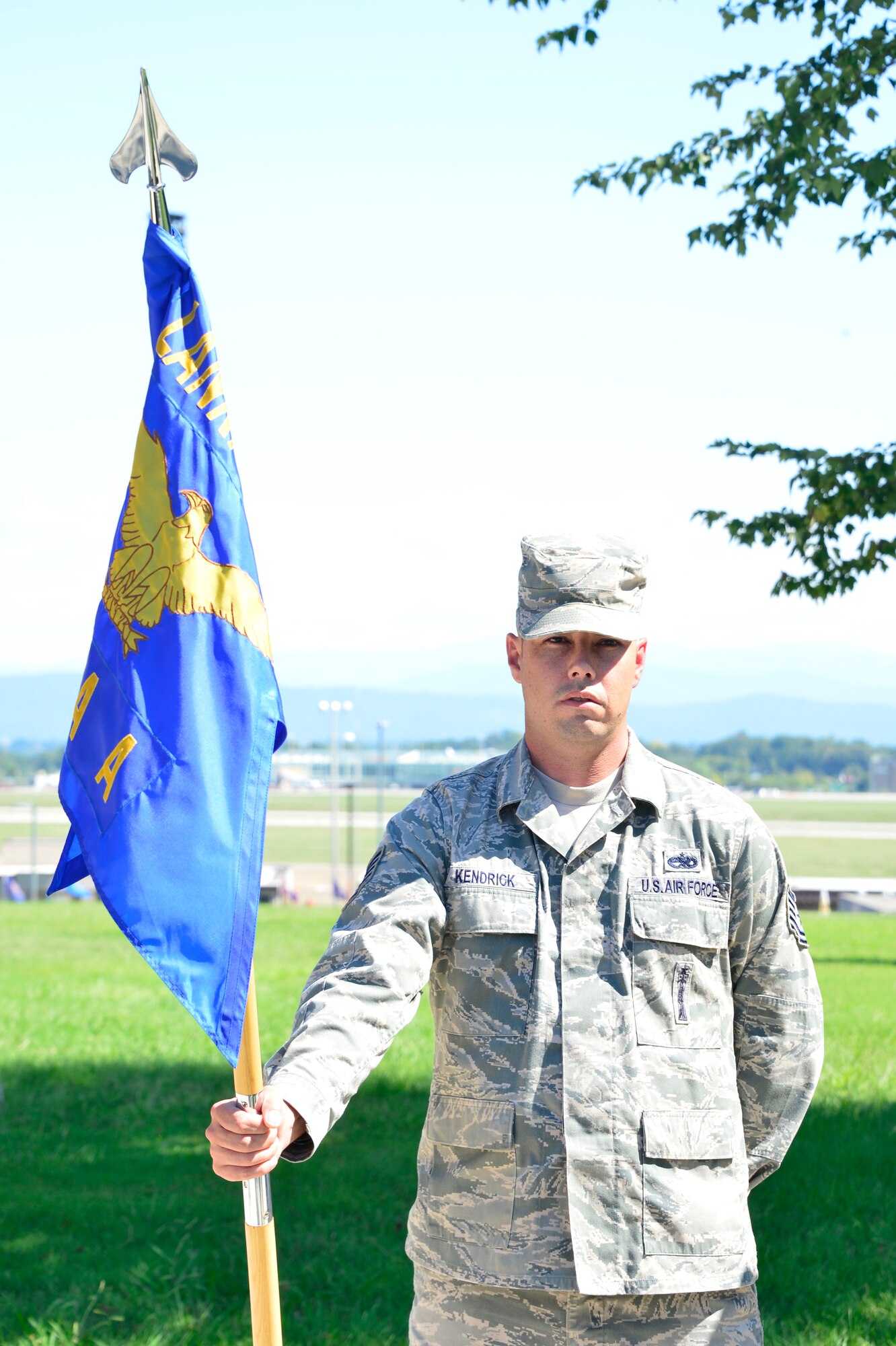 MCGHEE TYSON AIR NATIONAL GUARD BASE, Tenn. -  Staff Sgt. Benjerman Kendrick, NCO academy class 15-6 A-flight guidon bearer, waits in place prior to the start of his first retreat as a guidon bearer here, Aug. 26, 2015, at the I.G. Brown Training and Education Center. (U.S. Air National Guard photo by Master Sgt. Jerry D. Harlan/Released)