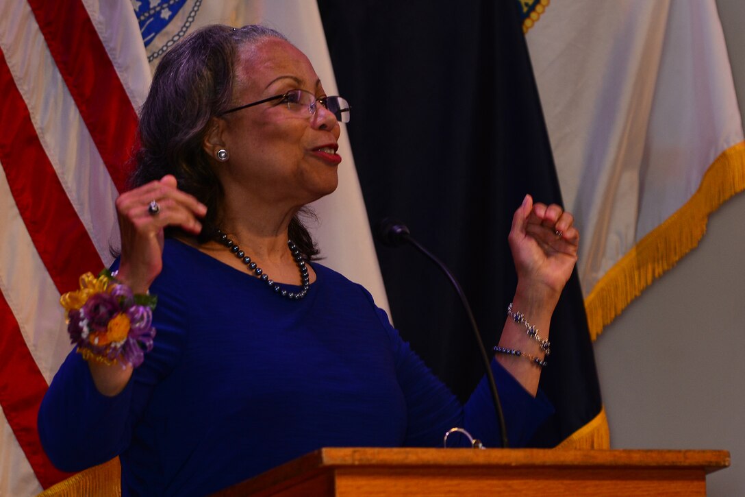 Thursa D. Crittenden, Hampton Roads area community activist, speaks about historic moments that lead to equal rights during the Women’s Equality Observance Aug. 26, 2015, at Fort Eustis, Va. Throughout her speech, she stressed the importance of continuing to move equal rights forward through voting at all levels of government. (U.S. Air Force photo by Staff Sgt. Natasha Stannard/Released)