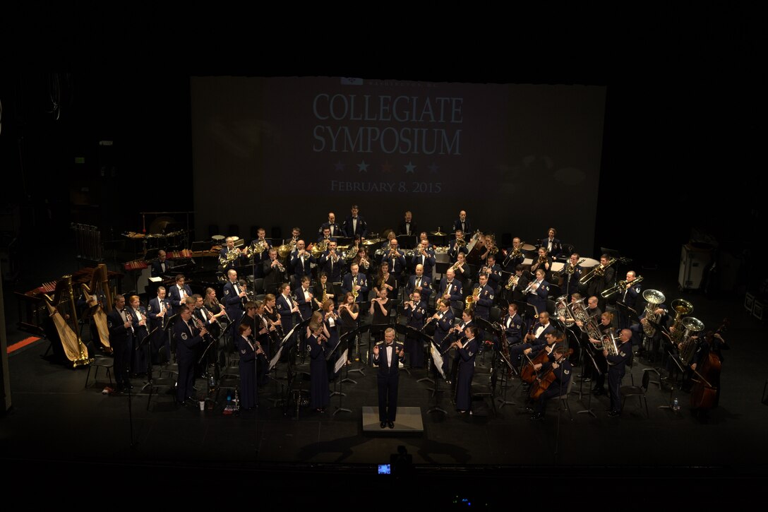 The U.S. Air Force Concert Band and 24 student musicians from across the nation perform a concert at Bowie Center for the Performing Arts in Bowie, Maryland, on Feb. 8. This concert was the culminating event of The U.S. Air Force Band's first-ever Collegiate Symposium which offered a unique opportunity for talented college instrumentalists to immerse themselves with one of the world's finest professional wind ensembles. (U.S. Air Force photo by Technical Sgt. Matthew Shipes/released)
