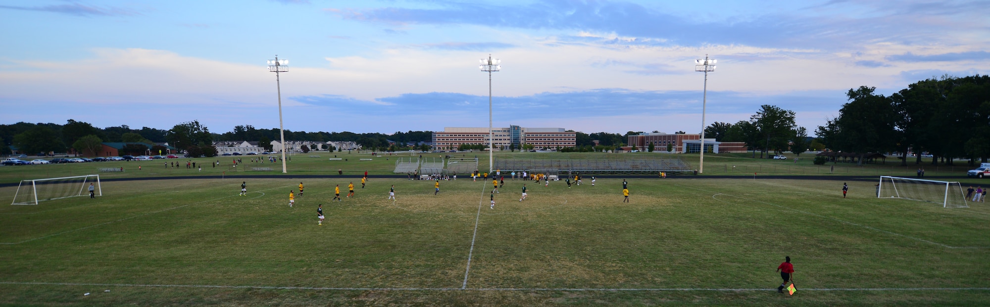 The Fort Eustis and Langley All Star teams play in the first Joint Base Langley-Eustis intramural soccer championship title Aug. 26, 2015 at Fort Eustis, Va. Members of both teams were nominated after the regular soccer season to represent their Service in the championship game. (U.S. Air Force photo by Staff Sgt. Natasha Stannard/Released)