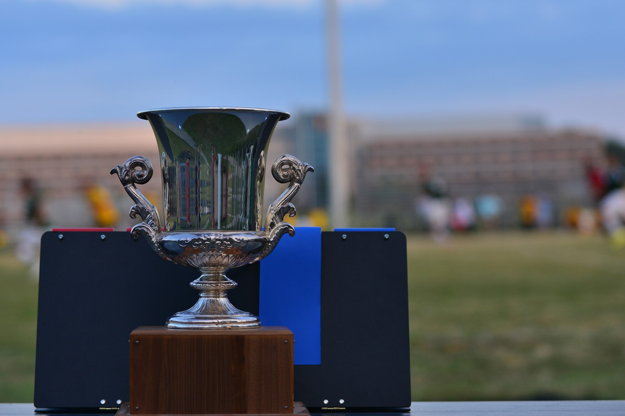 The Fort Eustis and Langley All Star teams battle for the Joint Base Langley-Eustis intramural soccer championship title Aug. 26, 2015, at Fort Eustis, Va. At the end of the second half, the teams were tied at 2-2 forcing the game to go into overtime. (U.S. Air Force photo by Staff Sgt. Natasha Stannard/Released)