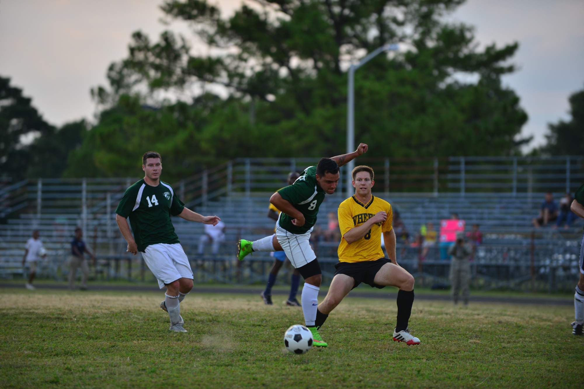 U.S. Air Force Staff Sgt. Andres Martinez, Langley All Stars soccer player, readies to kick the ball during the Joint Base Langley-Eustis intramural soccer championship Aug. 26, 2015, at Fort Eustis, Va. The host ,JBLE fitness centers, plan to arrange more championship games involving all-star players from Fort Eustis and Langley Air Force Base. (U.S. Air Force photo by Staff Sgt. Natasha Stannard/Released)