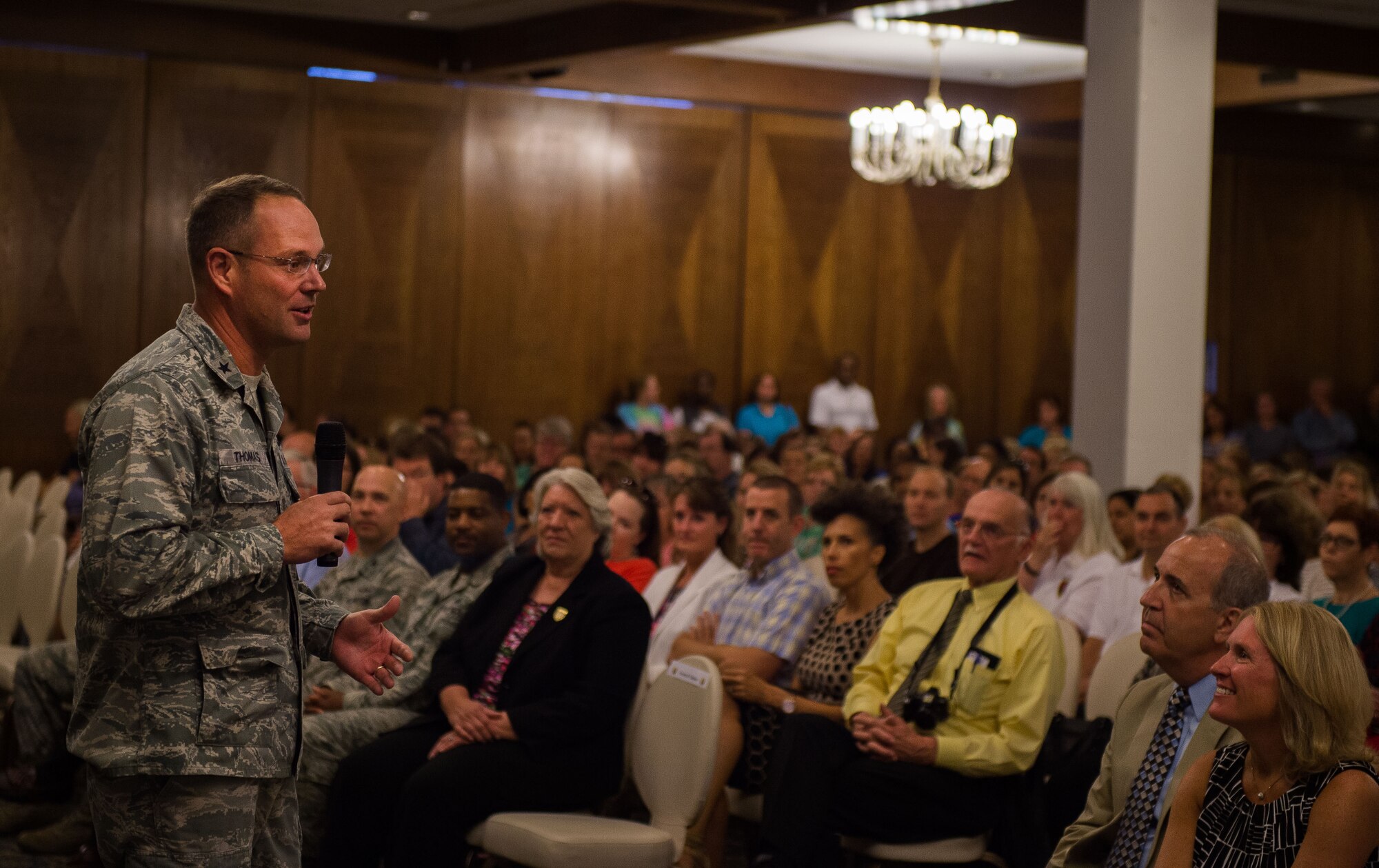 Gen. Jon T. Thomas, 86th Airlift Wing commander, speaks to teachers, school administrators and support staff from throughout the Kaiserslautern Military Community during a teacher forum Aug. 27, 2015, at Ramstein Air Force Base, Germany. More than 600 teachers from 11 Department of Defense Dependents Schools attended. They were able to meet new faculty members, receive briefings from a Military Family Life Consultant, Family Advocacy Outreach and other speakers. (U.S. Air Force photo/Senior Airman Damon Kasberg)