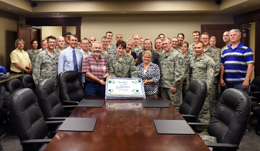 Members of the 341st Mission Support Group gather Aug. 31, 2015, at Malmstrom Air Force Base, Mont., to celebrate the 60th anniversary since the group’s inception. The group was activated Sept. 1, 1955, as the 341st Air Base Group at Abilene AFB, Texas, and was re-designated at Malmstrom in July 1961. (U.S. Air Force photo/Chris Willis) 
