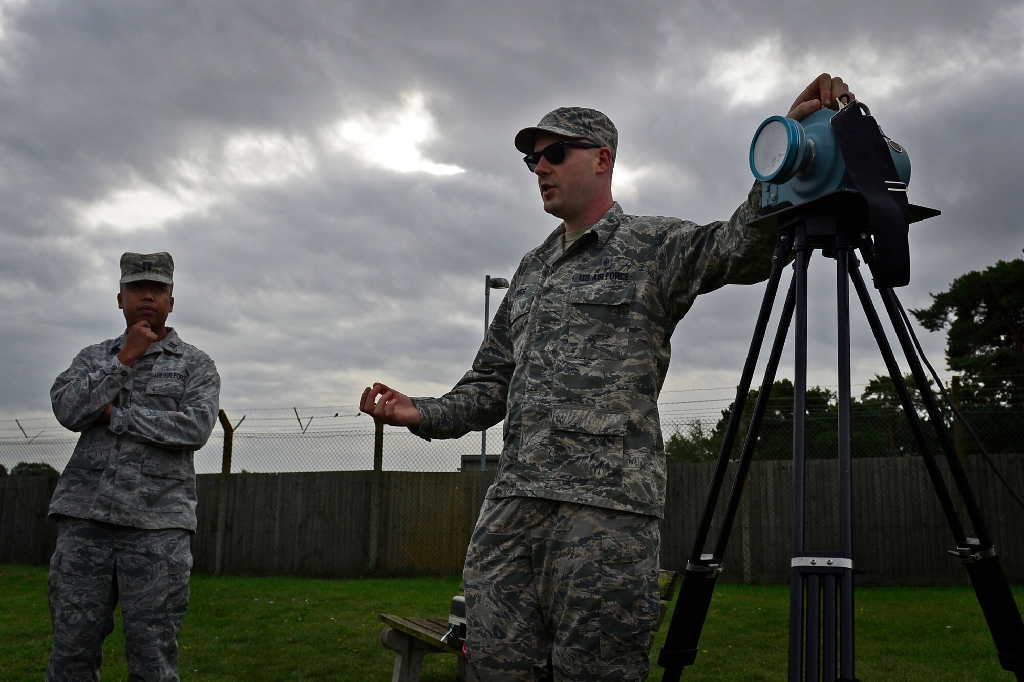 Staff Sgt. Dylan Jones, 48th Aerospace Medicine Squadron bioenvironmental technician, conducts training on air sampling during Preventive Environmental Sustainment Training, a two-day training event, at Royal Air Force Lakenheath, England, Aug. 27, 2015. PESTFEST was developed for Public Health and Bioenvironmental Engineering flights to conduct hands-on readiness training in preparation to perform bare base operations. (U.S. Air Force photo by Airman 1st Class Erin R. Babis/Released)