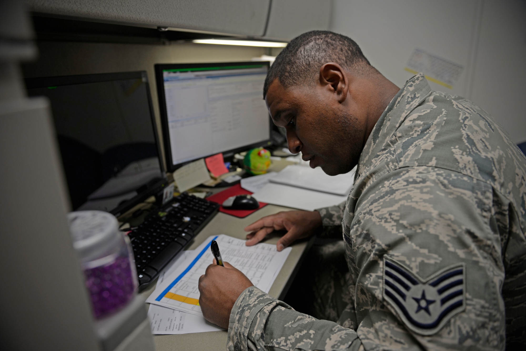 Staff Sgt. Carlos Rance, 36th Medical Support Squadron NCO in charge of medical equipment and contracting, reviews equipment listings Aug. 19, 2015, at Andersen Air Force Base, Guam. Rance and his logistics team are responsible for procurement and maintenance of all medical equipment used in the 36th Medical Group’s clinics. (U.S. Air Force photo by Staff Sgt. Alexander W. Riedel/Released)