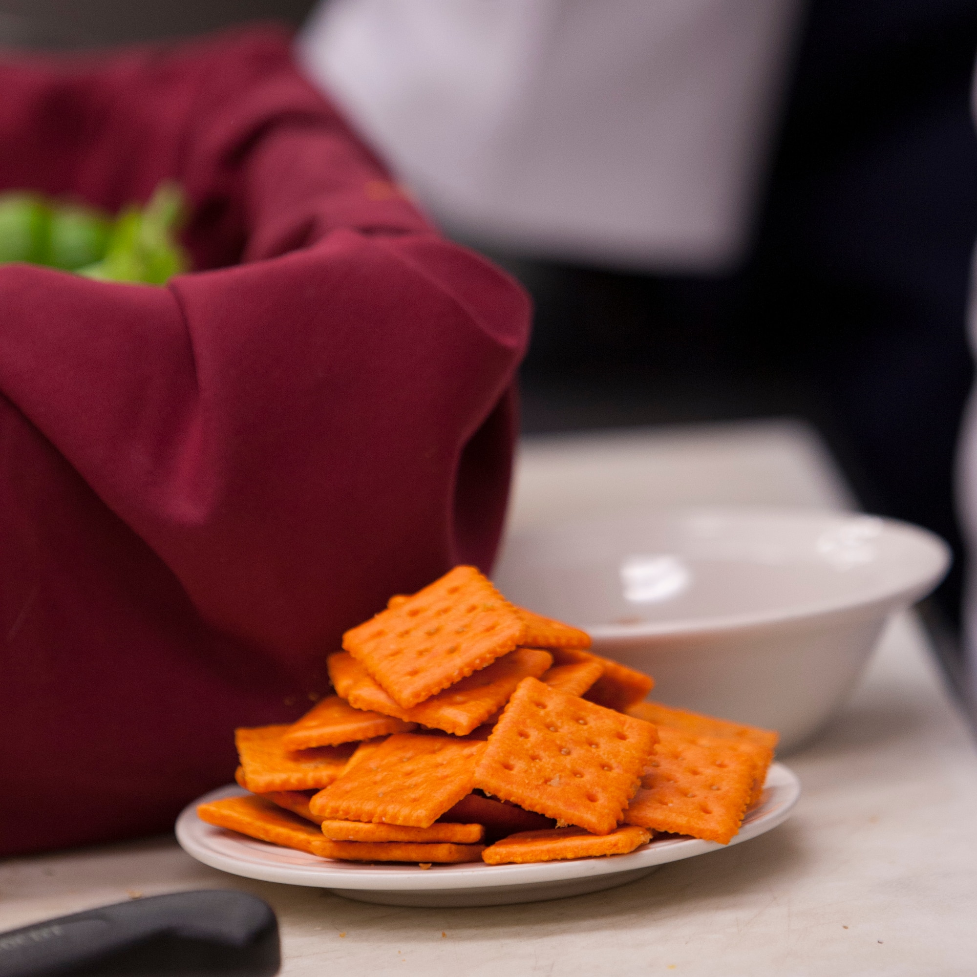 Cheese crackers with peanut butter was the secret ingredient for a culinary competition held at the Chadwell Dining Facility on F.E. Warren Air Force Base, Wyo., Aug. 27, 2015. Ninetieth Force Support Squadron chefs had to create an entree incorporating the ingredient, along with a dessert dish, within the hour time limit. (U.S. Air Force photo by Lan Kim)