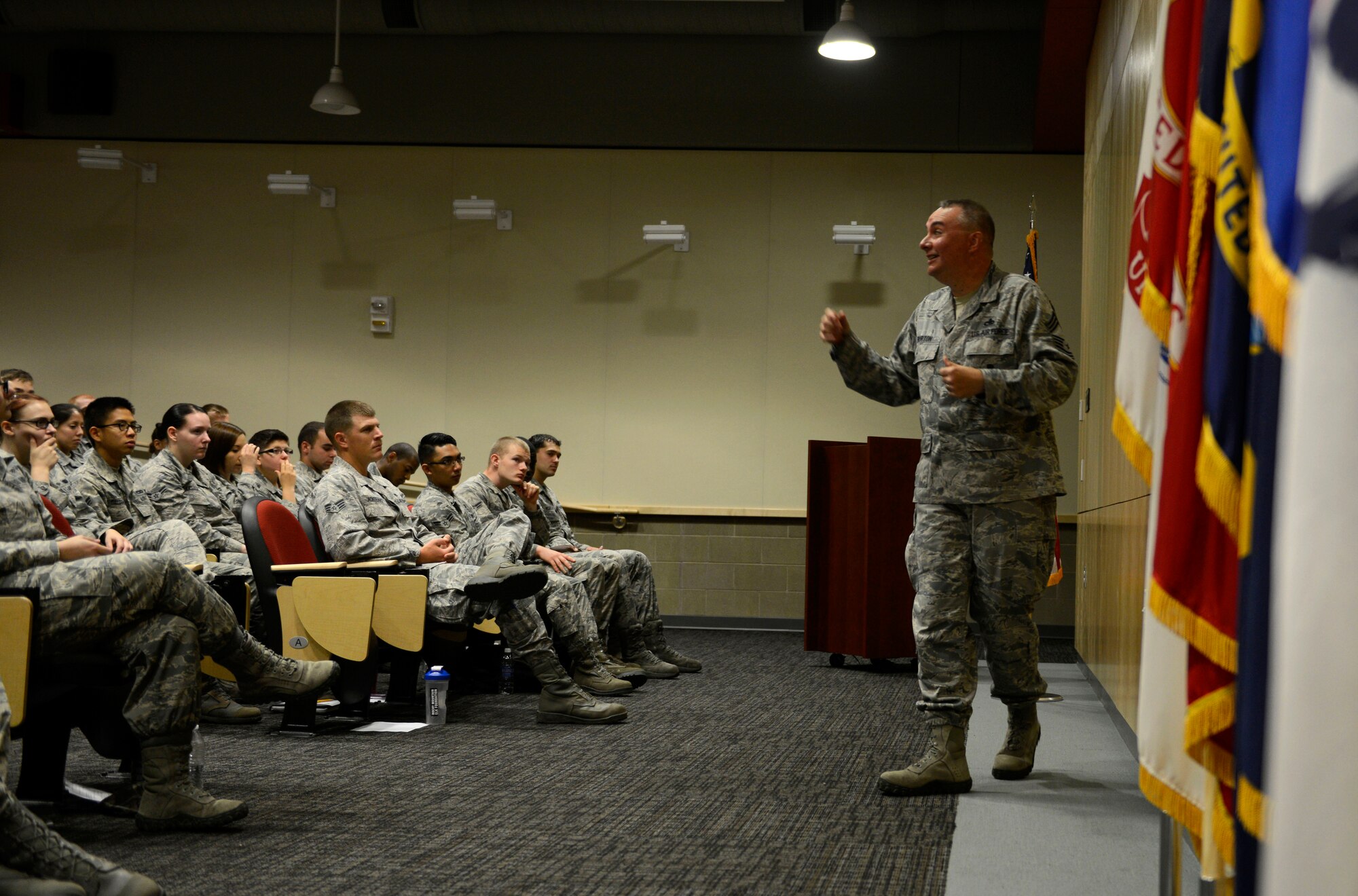 Chief Master Sgt. Michael Burton, 3rd Maintenance Group superintendent, speaks to Airmen during “Take Charge of your Career” professional development seminar on Joint Base Elmendorf-Richardson, Alaska, August 18, 2015. Burton gave life experiences in his earlier life as examples of how the Airmen should be motivated in their jobs. (U.S. Air Force photo/Airman Valerie A. Monroy)