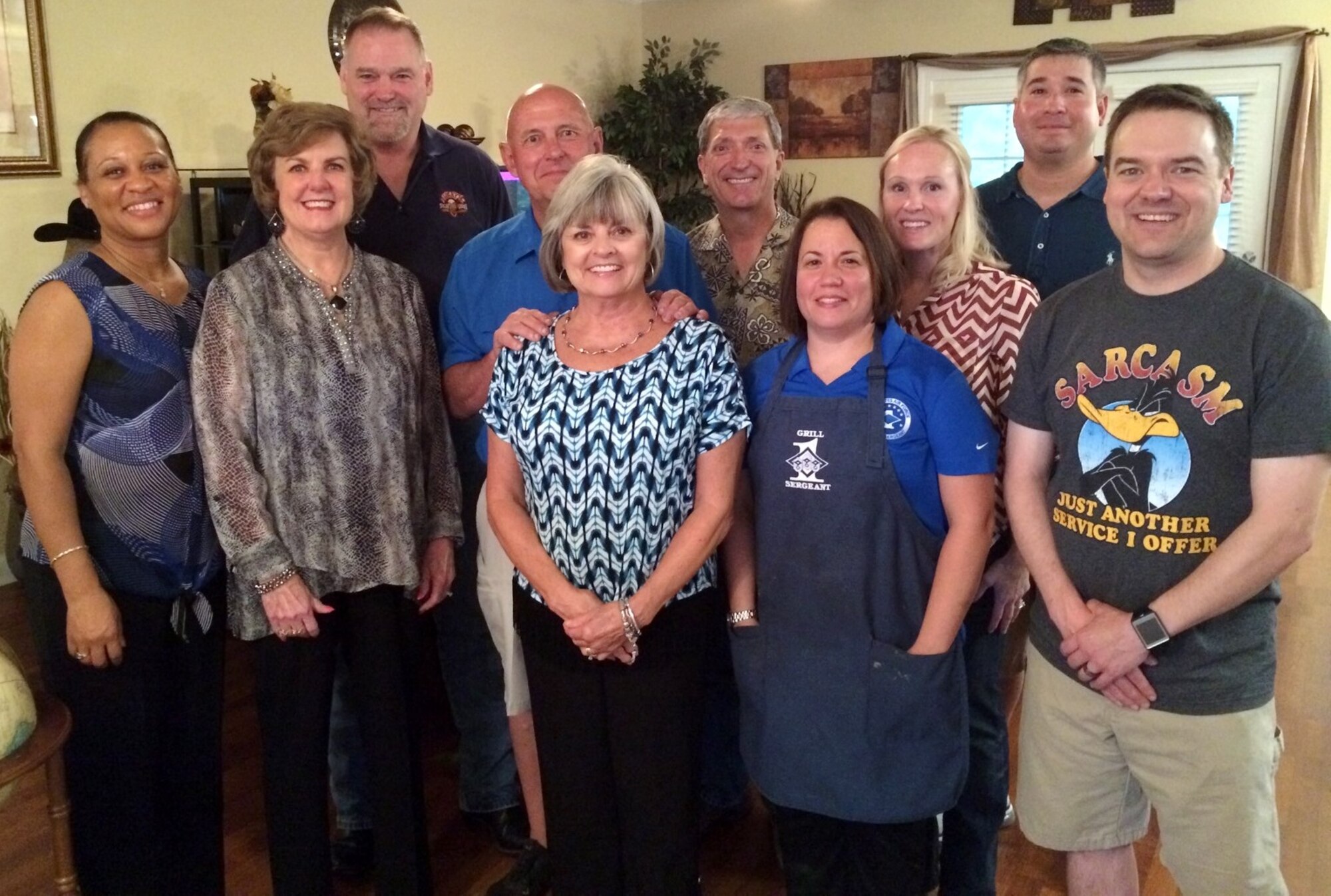 Members of the Military Affairs Committee stand with Team BLAZE first sergeants Aug. 29 on Columbus Air Force Base, Mississippi. First sergeants showed the MAC members their appreciation with a dinner at the home of Chief Master Sgt. Rita Felton, 14th Flying Training Wing Command Chief. (Courtesy photo)