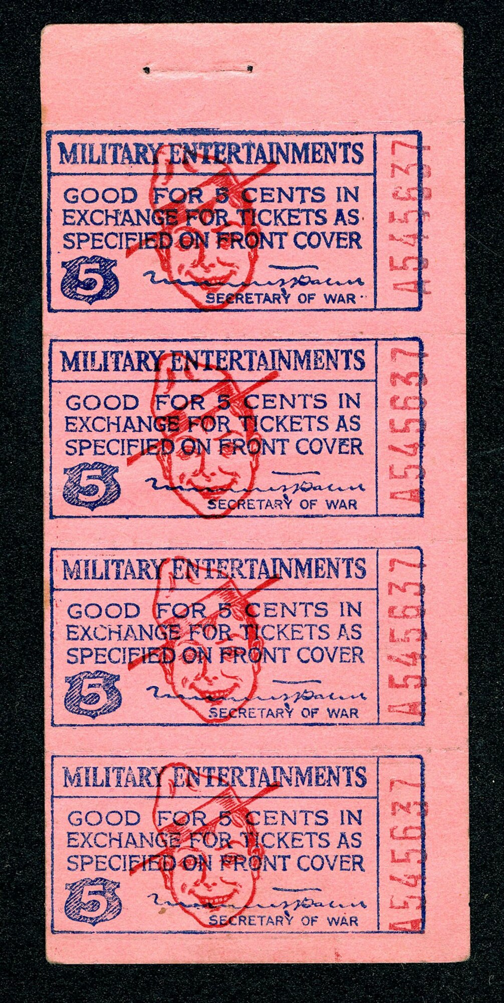 Keeping American troops entertained as they trained for combat was a priority for the War Department Commission on Training Camp Activities. Produced by the Globe Ticket Co., these Smileage Books were purchased by family members to send to their husbands, brothers, sons and significant others. They, in turn, could exchange them for entertainment tickets for events at any Liberty Theater or YMCA Camp Auditorium in the country. This Smileage Book was sent to Emil Klinenberg of the 128th Aero Squadron by Mrs. R. Rome. (U.S. Air Force photo)