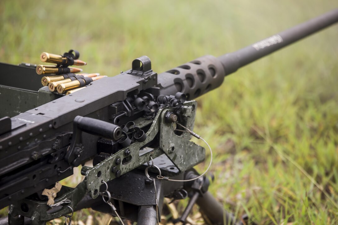 Marines with 2nd Air Naval Gunfire Liaison Company conducted training with the M2 .50 Caliber Heavy Machine Gun during a week-long field exercise at Camp Lejeune, N.C., Aug. 27, 2015. The Marines were conducting this training in order to uphold their readiness and standards in support of II Marine Expeditionary Force and to re-familiarize themselves with the weapons system. (U.S. Marine Corps photo by Cpl. Krista James/Released)

