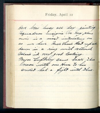 Capt. Eddie Rickenbacker was the charismatic commander of the 94th Aero Squadron and was America’s highest scoring ace of World War I. The 94th Aero Squadron was known informally as the “Hat in the Ring Squadron,” a name that was inspired by their insignia. Rickenbacker was fond of the design, as he describes in his journal entry for April 12, 1918. (U.S. Air Force photo)