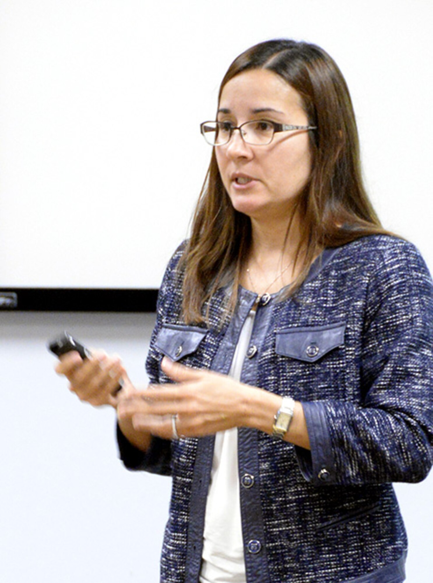 Grisel Mundo-Love, U.S. Air Force Special Operations School  Language and Culture Center director, instructs a class recently at Hurlburt Field, Fla. Mundo-Love won the 2014 Air Force International Affairs Excellence Award. The award recognizes the Air Force's most effective individuals in building, sustaining, expanding and guiding international relationships. (Courtesy photo)
