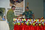 DHAKA, Bangladesh (Aug. 30, 2015) - Australian Maj. Gen. Gregory C. Bilton, deputy commanding general of U.S. Army Pacific, and Lt. Gen. Md Mainul Islam, principal staff officer for the Bangladesh Armed Forces Division, shake hands after the opening remarks at the 2015 Bangladesh Pacific Resilience Disaster Response Exercise & Exchange opening ceremony 